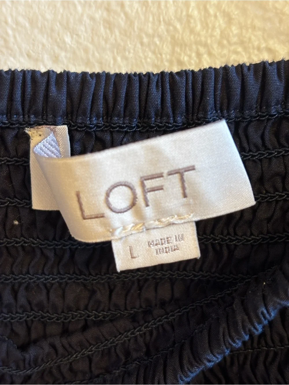 LOFT Navy Square-Neck Cotton Smocked Peplum Puff Sleeve Top Size Large